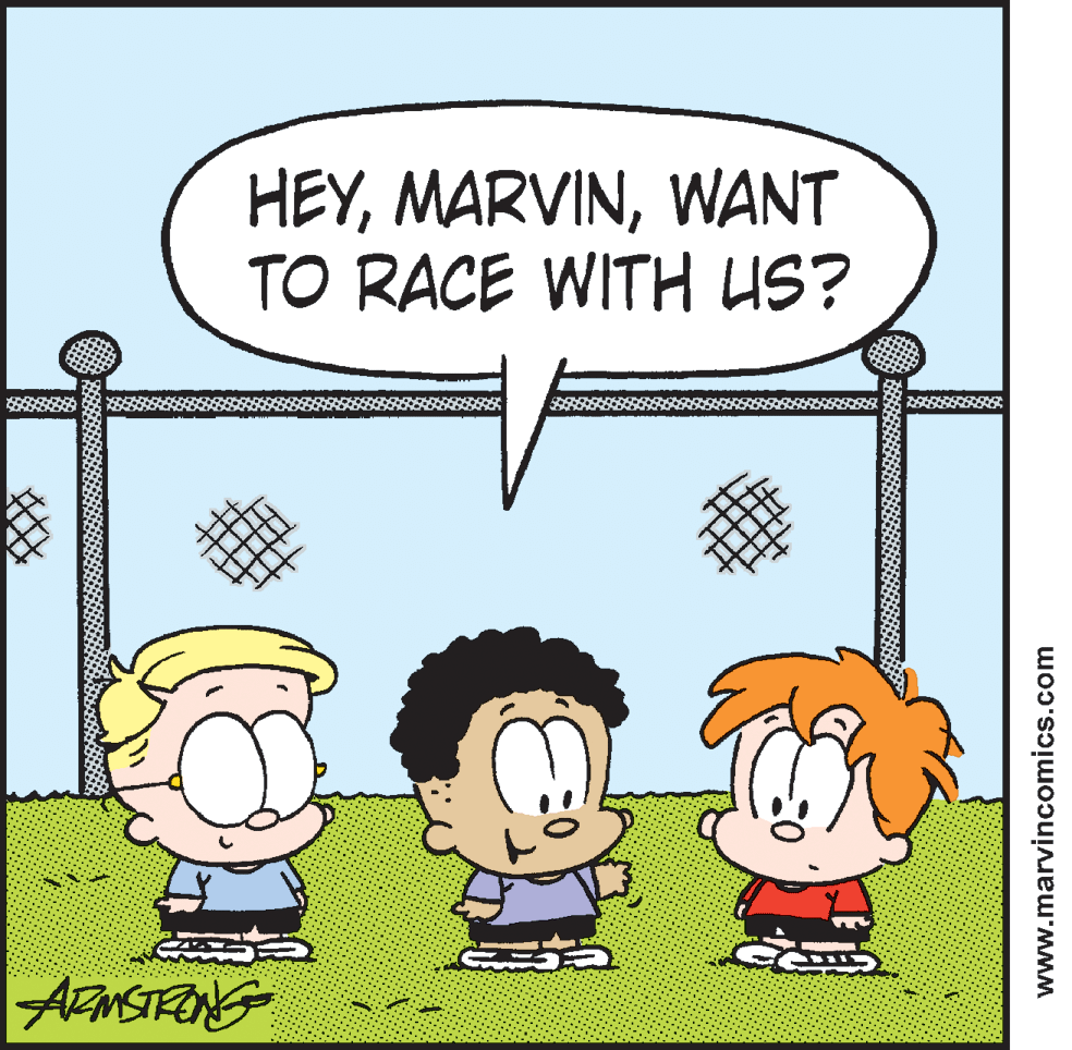 Happy OCR: HEYWANT TO RACE WITH US? AzMSTRONG www.marvincomics.com HEYWANT TO RACE WITH US? AzMSTRONG www.marvincomics.com