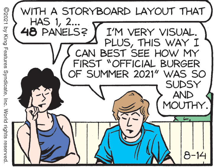 Mammal OCR: WITH A STORYBOARD LAYOUT THAT HAS 12... 48 PANELS? I'M VERY VISUAL. PLUSTHIS WAY I CAN BEST SEE HOW MY FIRST "OFFICIAL BURGER OF SUMMER 2021" WAS SO SUDSY AND MOUTHY. 8-14 ©2021 by King Features SyndicateInc. World rights reserved. WITH A STORYBOARD LAYOUT THAT HAS 12... 48 PANELS? I'M VERY VISUAL. PLUSTHIS WAY I CAN BEST SEE HOW MY FIRST "OFFICIAL BURGER OF SUMMER 2021" WAS SO SUDSY AND MOUTHY. 8-14 ©2021 by King Features SyndicateInc. World rights reserved.