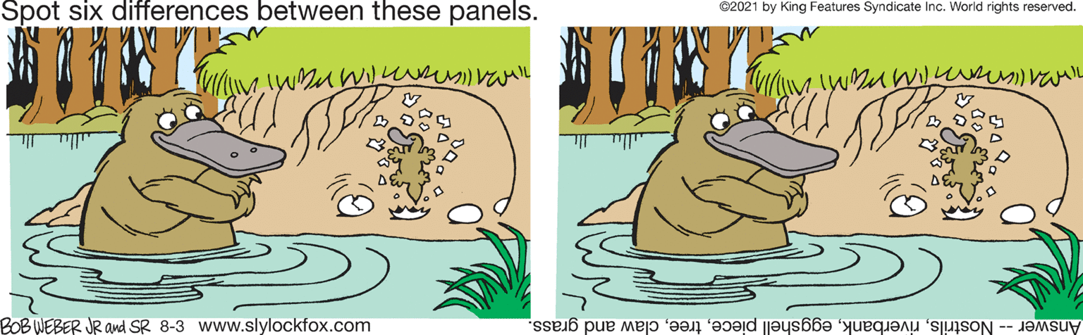 Happy OCR: Spot six differences between these panels. ©2021 by King Features Syndicate Inc. World rights reserved. BOB WEBER JR and SR 8-3 www.slylockfox.com Answer -- Nostrilsclaw and grass. Spot six differences between these panels. ©2021 by King Features Syndicate Inc. World rights reserved. BOB WEBER JR and SR 8-3 www.slylockfox.com Answer -- Nostrilseggshell piececlaw and grass.