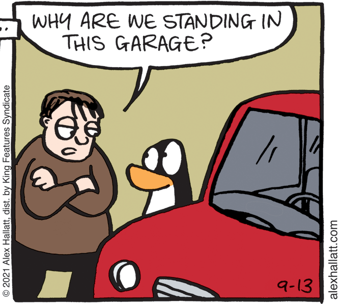 Mode of transport OCR: WHY ARE WE STANDING IN THIS GARAGE? 9-13 © 2021 Alex Hallattdist. by King Features Syndicate alexhallatt.com WHY ARE WE STANDING IN THIS GARAGE? 9-13 © 2021 Alex Hallattdist. by King Features Syndicate alexhallatt.com