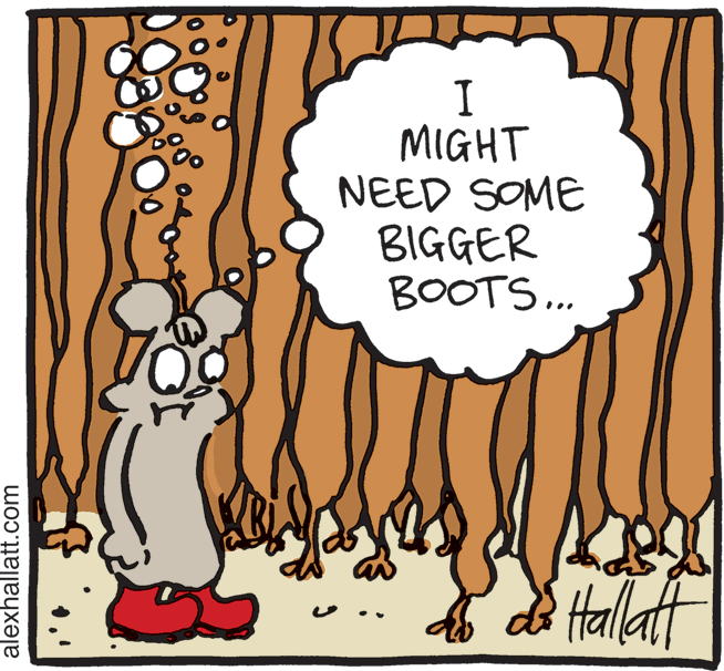 Cartoon OCR: I MIGHT NEED SOME BIGGER BOOTS... Hallatt alexhallatt.com I MIGHT NEED SOME BIGGER BOOTS... Hallatt alexhallatt.com