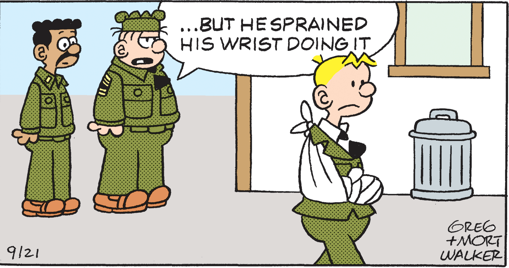 Illustration OCR: ...BUT HE SPRAINED HIS WRIST DOINGIT GREG +MORT WALKER 9/21 ...BUT HE SPRAINED HIS WRIST DOINGIT GREG +MORT WALKER 9/21