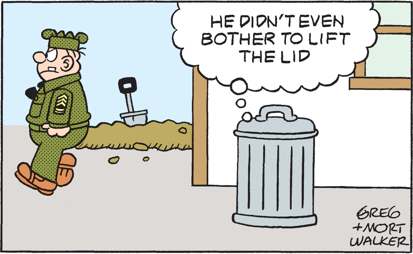 Illustration OCR: HE DIDN'T EVEN BOTHER TO LIFT THE LID GREG +MORT WALKER HE DIDN'T EVEN BOTHER TO LIFT THE LID GREG +MORT WALKER