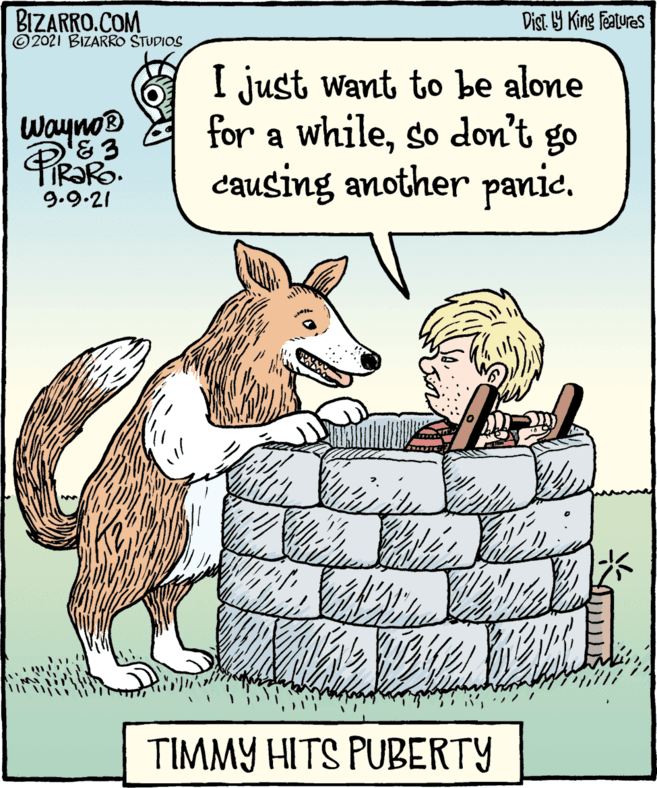 Photo caption OCR: BIZARRO.COM © 2021 BIZARRO STUDIOS Dist. 9 King Features I just want to be alone for a whileso don't go causing another panie. Wayno® TIR?RO. 9.9.21 TIMMY HITS PUBERTY BIZARRO.COM © 2021 BIZARRO STUDIOS Dist. 9 King Features I just want to be alone for a whileso don't go causing another panie. Wayno® TIR?RO. 9.9.21 TIMMY HITS PUBERTY