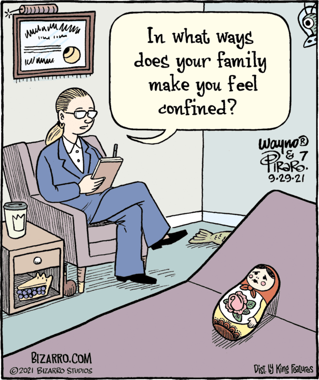 Conversation OCR: In what Ways does your family make you feel confined? Wayno® PraR 9.29.21 BIZARRO.COM © 2021 BIZARRO STUDIOS Dist 9 King featuras In what Ways does your family make you feel confined? Wayno® PraR 9.29.21 BIZARRO.COM © 2021 BIZARRO STUDIOS Dist 9 King featuras