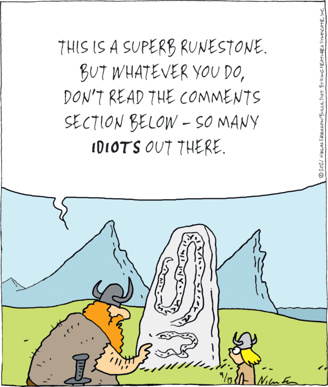 Line OCR: THIS IS A SUPERB RUNESTONE. BUT WHATEVER YOU DODON'T READ THE COMMENTS SECTION BELOW - SO MANY 1DIOTS OUT THERE. © 2021 NIKLAS ERIKSSON/BULLSINC. THIS IS A SUPERB RUNESTONE. BUT WHATEVER YOU DODON'T READ THE COMMENTS SECTION BELOW - SO MANY 1DIOTS OUT THERE. © 2021 NIKLAS ERIKSSON/BULLSDIST. BY KING FEATURES SYNDICATE