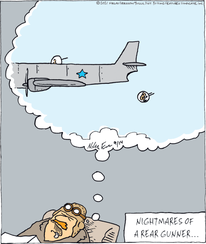 Air travel OCR: © 202I NIKLAS ERIKSSON/BULLSINC. Nilu Ea all NIGHTMARES OF A REAR GUNNER... © 202I NIKLAS ERIKSSON/BULLSDIST. BY KING FEATURES SYNDICATEINC. Nilu Ea all NIGHTMARES OF A REAR GUNNER...