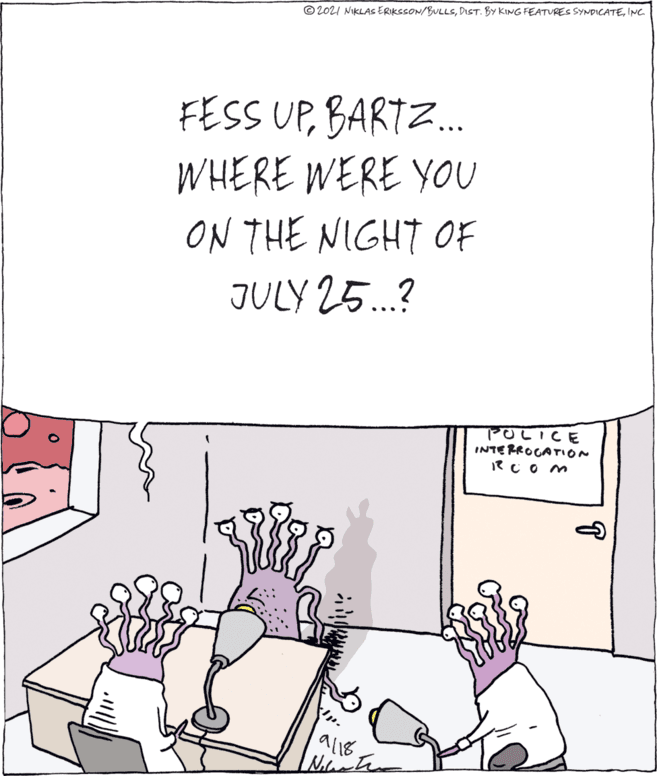 Handwriting OCR: © 2021 NIKLAS ERIKSSON/BULLSINC. FESS UPBARTZ.. WHERE WERE YOU ON THE NIGHT OF JULY 25.? POLICE INTE RROGATION 9l18. © 2021 NIKLAS ERIKSSON/BULLSDIST. BY KING FEATURES SYNDICATEINC. FESS UPBARTZ.. WHERE WERE YOU ON THE NIGHT OF JULY 25.? POLICE INTE RROGATION 9l18.
