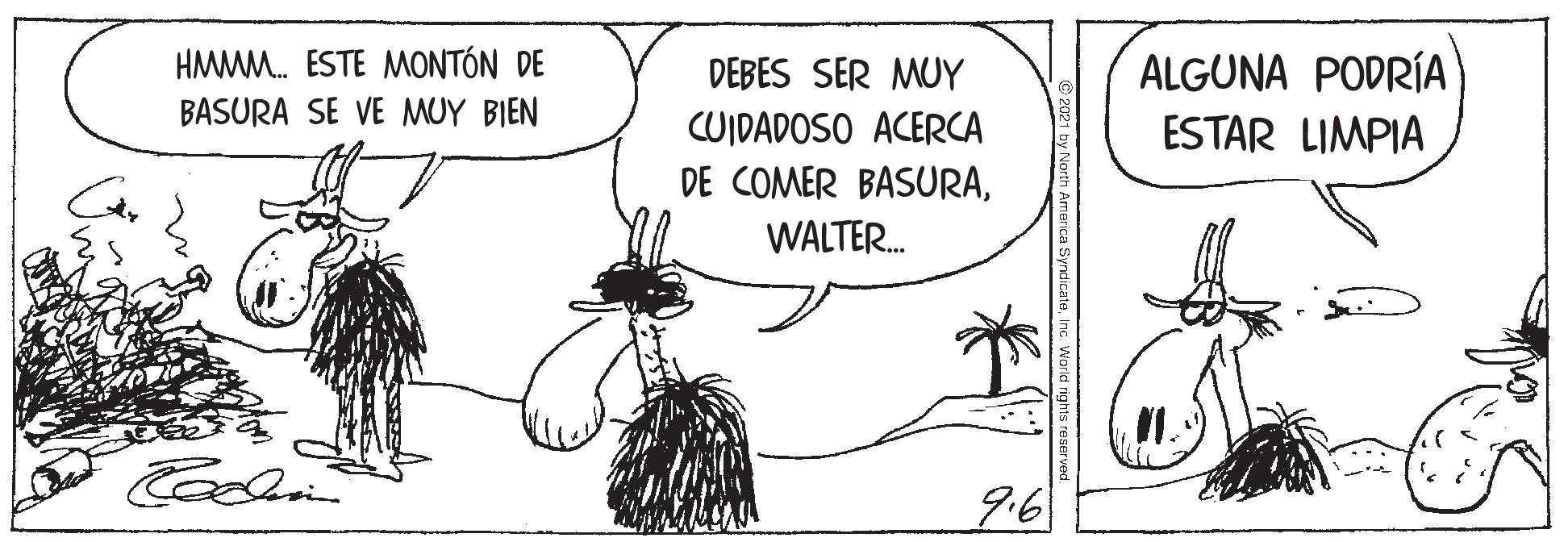 Illustration OCR: HMMM. ESTE MONTÓN DE DEBES SER MUY CUIDADOSO ACERCA DE COMER BASURAALGUNA PODRÍA ESTAR LIMPIA BASURA SE VE MUY BIEN WALTER. 96 HMMM. ESTE MONTÓN DE DEBES SER MUY CUIDADOSO ACERCA DE COMER BASURAALGUNA PODRÍA ESTAR LIMPIA BASURA SE VE MUY BIEN WALTER. 96