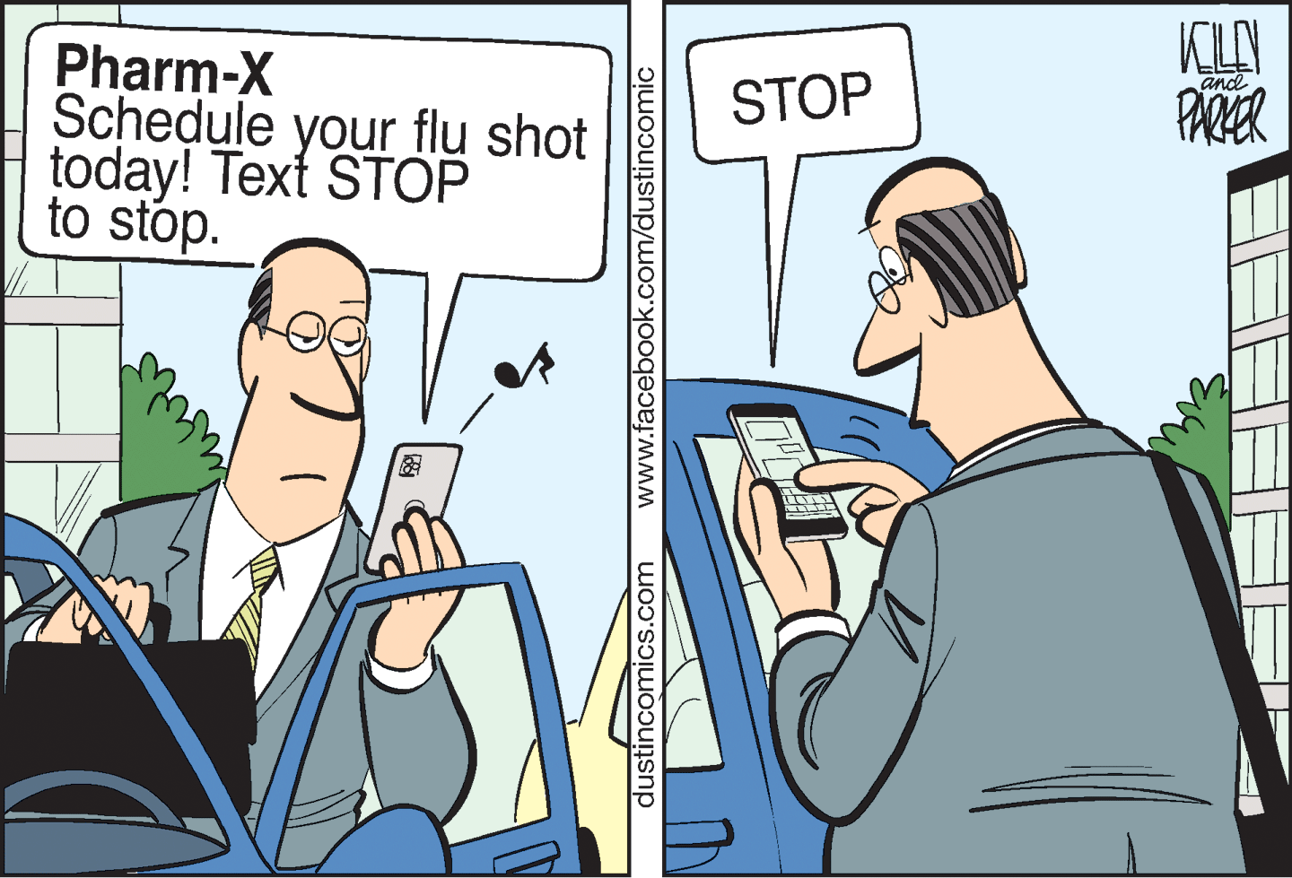 Illustration OCR: Pharm-X Schedule your flu shot today! Text STOP to stop. and STOP PARER dustincomics.com www.facebook.com/dustincomic Pharm-X Schedule your flu shot today! Text STOP to stop. and STOP PARER dustincomics.com www.facebook.com/dustincomic