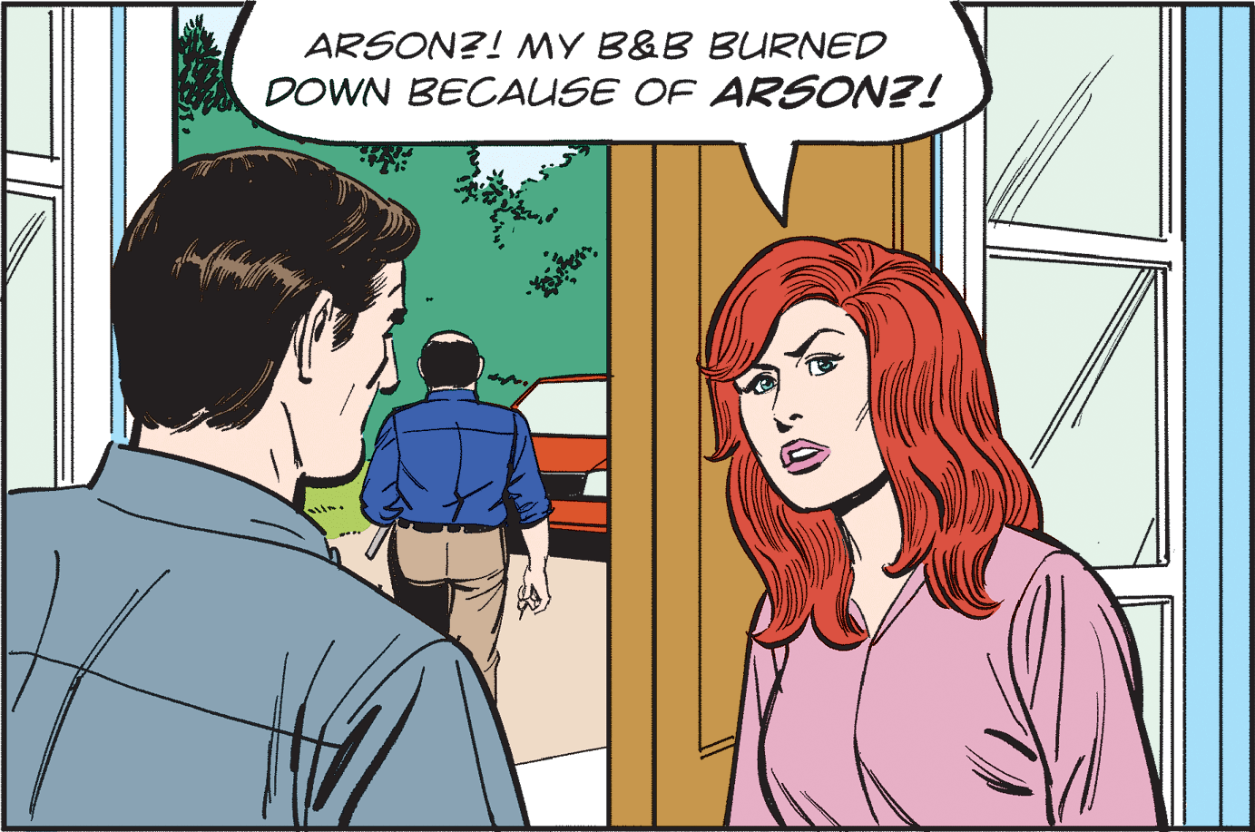 Illustration OCR: ARSON?! MY B&B BURNED DOWN BECAUSE OF ARSON?! ARSON?! MY B&B BURNED DOWN BECAUSE OF ARSON?!