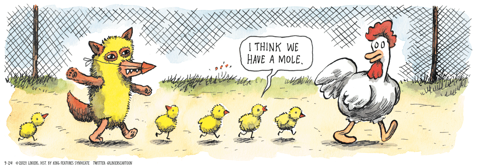 Fiction OCR: I THINK WE HAVE A MOLE(00 9-24 ©2021 LINIERSDIST. BY KING FEATUBES SYNDICATE TWITTER: GUNIERSCARTOON I THINK WE HAVE A MOLE(00 9-24 ©2021 LINIERSDIST. BY KING FEATUBES SYNDICATE TWITTER: GUNIERSCARTOON