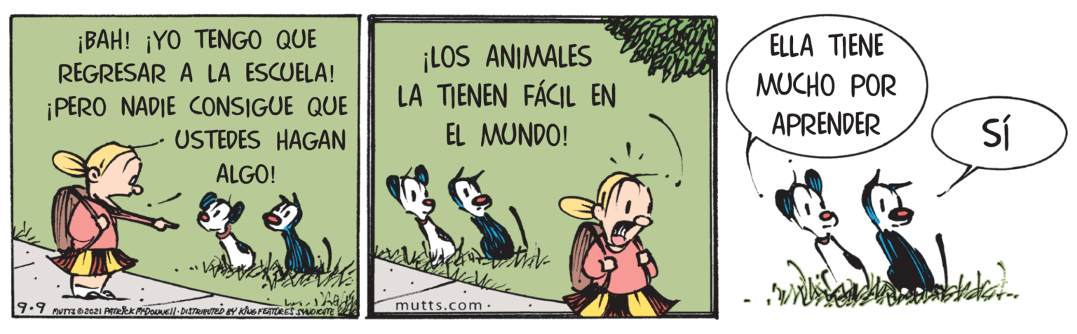 Photo caption OCR: ¡BAH! ¡YO TENGO QUE REGRESAR A LA ESCUELA! ¡LOS ANIMALES LA TIENEN FÁCIL EN EL MUNDO! ELLA TIENE MUCHO POR ¡PERO NADIE CONSIGUE QUE USTEDES HAGAN Sí APRENDER ALGO! 9.9 nurao2021 Areek mpoell. DitT D Y Khe FEATRES SHOKAT mutts.com. ¡BAH! ¡YO TENGO QUE REGRESAR A LA ESCUELA! ¡LOS ANIMALES LA TIENEN FÁCIL EN EL MUNDO! ELLA TIENE MUCHO POR ¡PERO NADIE CONSIGUE QUE USTEDES HAGAN Sí APRENDER ALGO! 9.9 nurao2021 Areek mpoell. DitT D Y Khe FEATRES SHOKAT mutts.com.