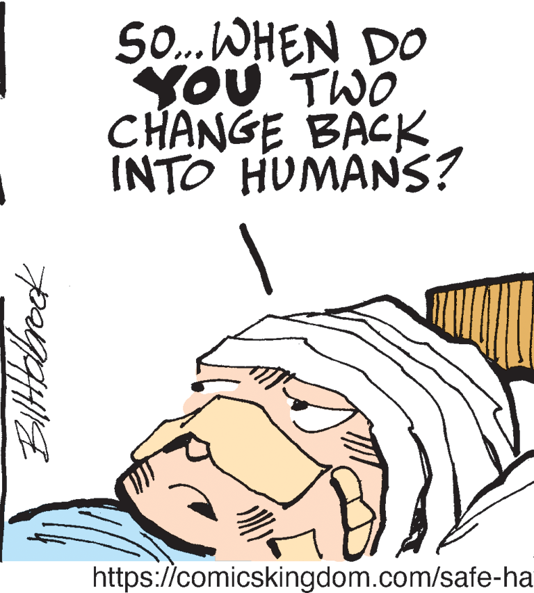 Rectangle OCR: So..WHEN DO YOU TWO CHANGE BACK INTO HUMANS? https://comicskingdom.com/safe-ha So..WHEN DO YOU TWO CHANGE BACK INTO HUMANS? https://comicskingdom.com/safe-ha