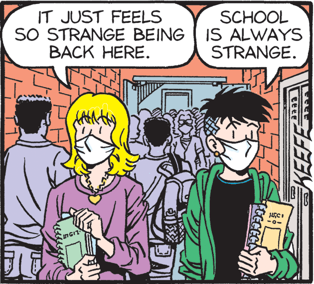 Art OCR: IT JUST FEELS SO STRANGE BEING BACK HERE. SCHOOL IS ALWAYS STRANGE. EEFE GGGECC IT JUST FEELS SO STRANGE BEING BACK HERE. SCHOOL IS ALWAYS STRANGE. EEFE GGGECC