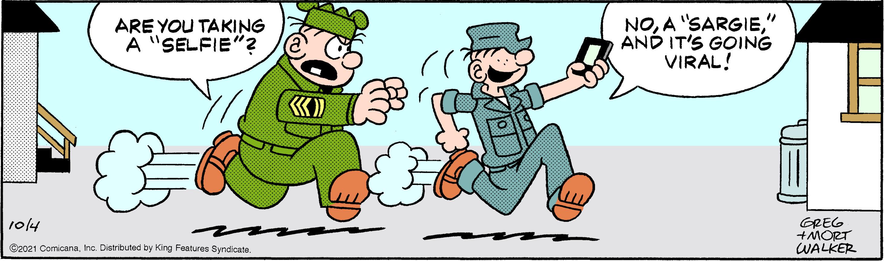 Illustration OCR: ARE YOU TAKING A "SELFIE"? NO" AND IT'S GOING VIRAL! GREG +MORT WALKER 1014 ©2021 ComicanaARE YOU TAKING A "SELFIE"? NOA "SARGIE" AND IT'S GOING VIRAL! GREG +MORT WALKER 1014 ©2021 ComicanaInc. Distributed by King Features Syndicate