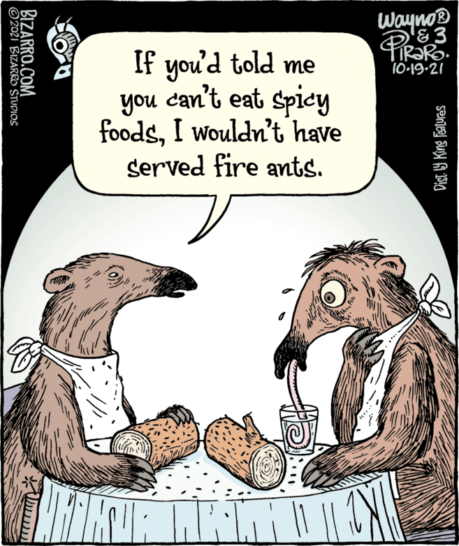 Adaptation OCR: Wayno® &3 If you'd told me you can't eat spicy foodsI wouldn't have served fire ants. 10-19-21 Dist. 9 King Featuras BIZARRO.COM © 2021 BIZARRO STUDIOS Wayno® &3 If you'd told me you can't eat spicy foodsI wouldn't have served fire ants. 10-19-21 Dist. 9 King Featuras BIZARRO.COM © 2021 BIZARRO STUDIOS