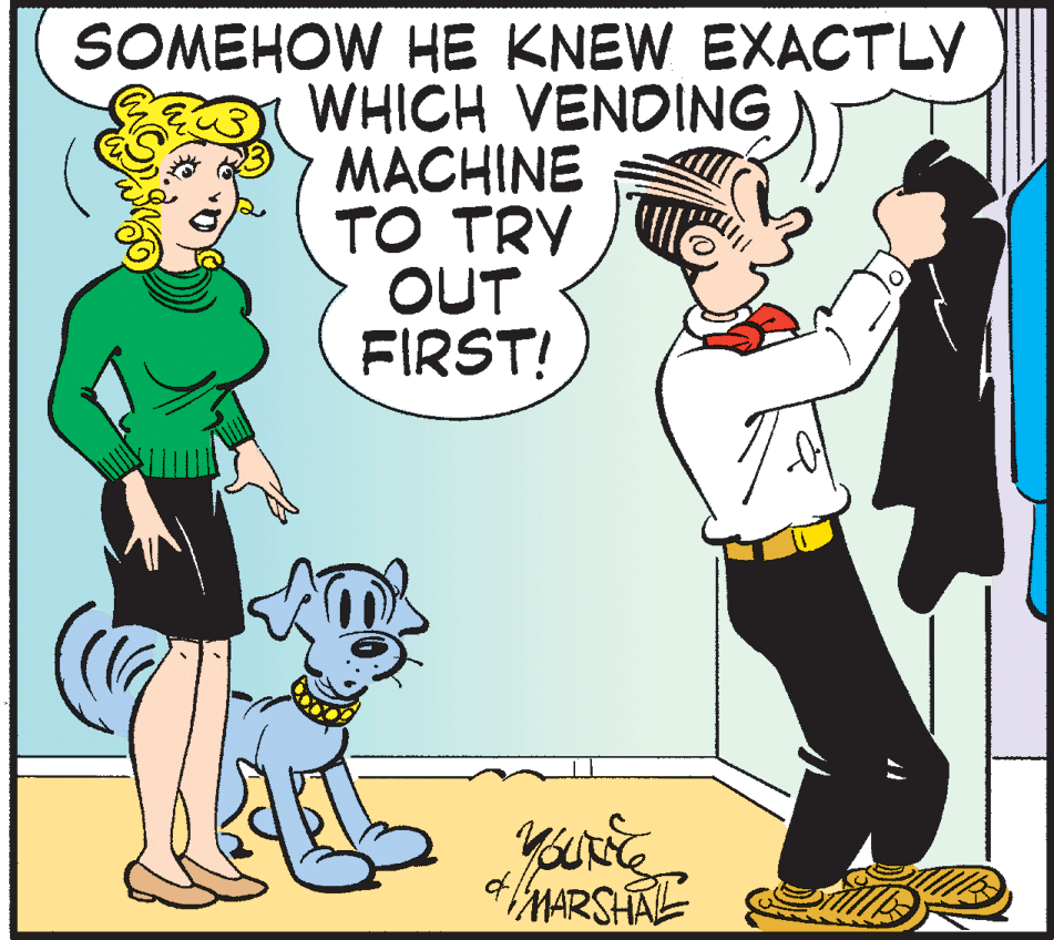 Conversation OCR: SOMEHOW HE KNEW EXACTLY WHICH VENDING MACHINE TO TRY OUT FIRST! MARSHAL SOMEHOW HE KNEW EXACTLY WHICH VENDING MACHINE TO TRY OUT FIRST! MARSHAL