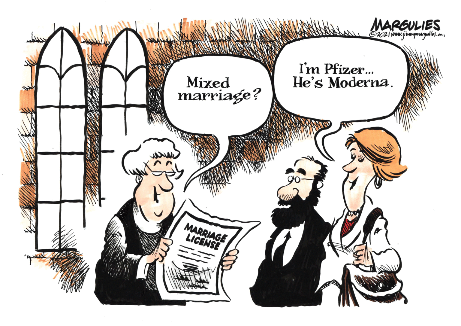 Gesture OCR: MARGULIES I'm Pfizer. He's Moderna. Mixed marriage? MARRIAGE LICENSE MARGULIES I'm Pfizer. He's Moderna. Mixed marriage? MARRIAGE LICENSE
