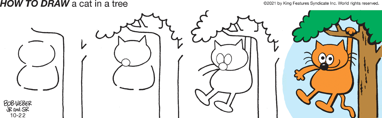 Vertebrate OCR: HOW TO DRAW a cat in a tree ©2021 by King Features Syndicate Inc. World rights reserved. BOB WEBER JR and SR 10-22 HOW TO DRAW a cat in a tree ©2021 by King Features Syndicate Inc. World rights reserved. BOB WEBER JR and SR 10-22