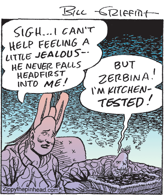 Illustration OCR: SIGH...I CAN'T HELP FEELING A LITTLE JEALOUS-- HE NEVER PALLS HEADFIRST INTO ME! BUT ZERBINA! I'M KITCHEN- TESTED! X. Zippythepinhead.com SIGH...I CAN'T HELP FEELING A LITTLE JEALOUS-- HE NEVER PALLS HEADFIRST INTO ME! BUT ZERBINA! I'M KITCHEN- TESTED! X. Zippythepinhead.com
