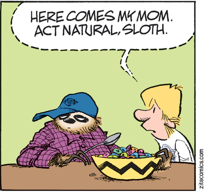 Fictional character OCR: HERE COMES MK MOM. ACT NATURALSLOTH. zitscomics.com HERE COMES MK MOM. ACT NATURALSLOTH. zitscomics.com