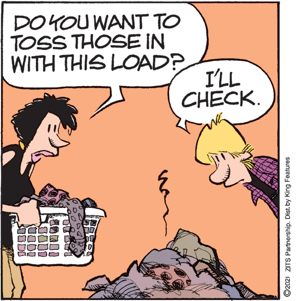 Happy OCR: DOYOU WANT TO TOSS THOSE IN WITH THIS LOAD? I'LL CHECK. ©2021 ZITS Partnership. Dist. by King Features DOYOU WANT TO TOSS THOSE IN WITH THIS LOAD? I'LL CHECK. ©2021 ZITS Partnership. Dist. by King Features