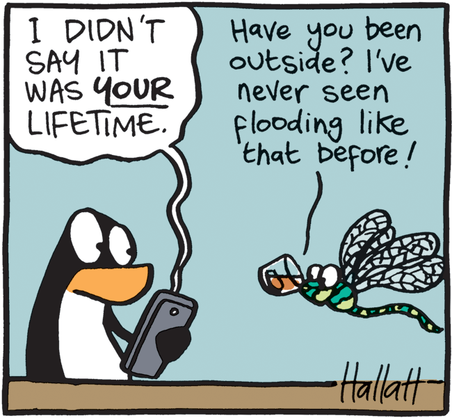 Adaptation OCR: I DIDN'T SAY IT WAS YOUR LIFETIME. Have you been outside? I've never seen flooding like that before! Hallatt I DIDN'T SAY IT WAS YOUR LIFETIME. Have you been outside? I've never seen flooding like that before! Hallatt