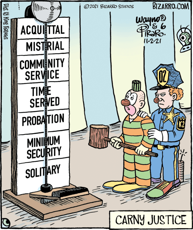 Design OCR: © 2021 BIZARRO STUDIOS BIZARRO.COM ACQUITTAL MISTERIAL Wayno® PIR?RO. 11.2-21 COMMINITY SERVICE 02) TIME SERIVED PROBATION K2 MINIHUM SECURITY SOLITARY CARNY JUSTICE Dist. 9 King features © 2021 BIZARRO STUDIOS BIZARRO.COM ACQUITTAL MISTERIAL Wayno® PIR?RO. 11.2-21 COMMINITY SERVICE 02) TIME SERIVED PROBATION K2 MINIHUM SECURITY SOLITARY CARNY JUSTICE Dist. 9 King features