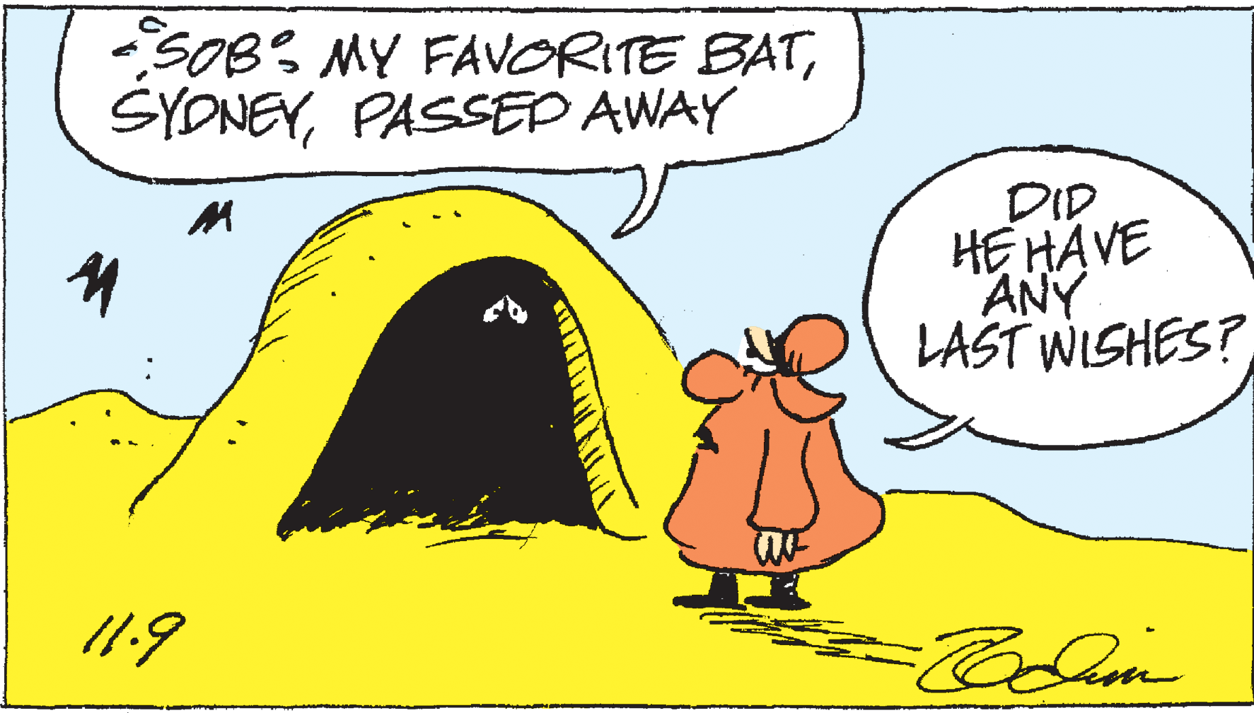 Illustration OCR: SOB: MY FAVORITE BATPASSEP AWAY DID HEHAVE ANY LAST WISHES? /1.9 SOB: MY FAVORITE BATPASSEP AWAY DID HEHAVE ANY LAST WISHES? /1.9