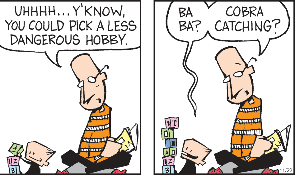 Font OCR: UHHHH... Y'KNOWYOU COULD PICK A LESS DANGEROUS HOBBY. BA COBRA BA?CATCHING? ATSIN AD IBI BI 11/22 UHHHH... Y'KNOWYOU COULD PICK A LESS DANGEROUS HOBBY. BA COBRA BA?CATCHING? ATSIN AD IBI BI 11/22