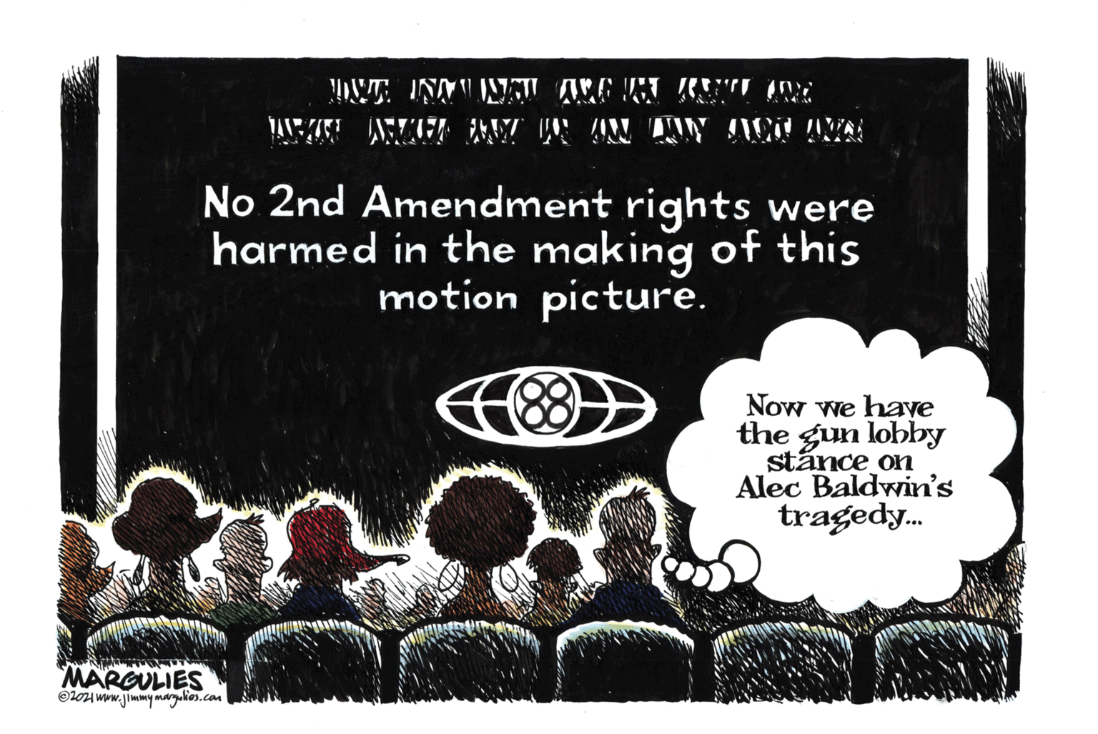Photo caption OCR: No 2nd Amendment rights were harmed in the making of this motion picture. Now we have the gun lobby stänce on Alec Baldwin's tragedy. MARGULIES Olou www.jimmy margalies.com No 2nd Amendment rights were harmed in the making of this motion picture. Now we have the gun lobby stänce on Alec Baldwin's tragedy. MARGULIES Olou www.jimmy margalies.com