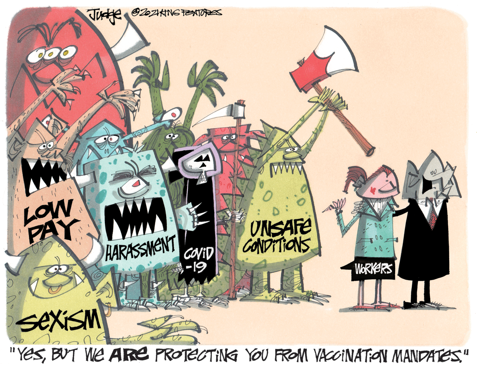 Event OCR: ? ANGNTORS LOW PAY MM AARASSMENT ONSAFE CONDTTIONS COVID 61- WORKERS sexisM "Yes" ? ANGNTORS LOW PAY MM AARASSMENT ONSAFE CONDTTIONS COVID 61- WORKERS sexisM "YesBUT We ARE PROTEOTING YOU FROM VACCINATION MANDATES