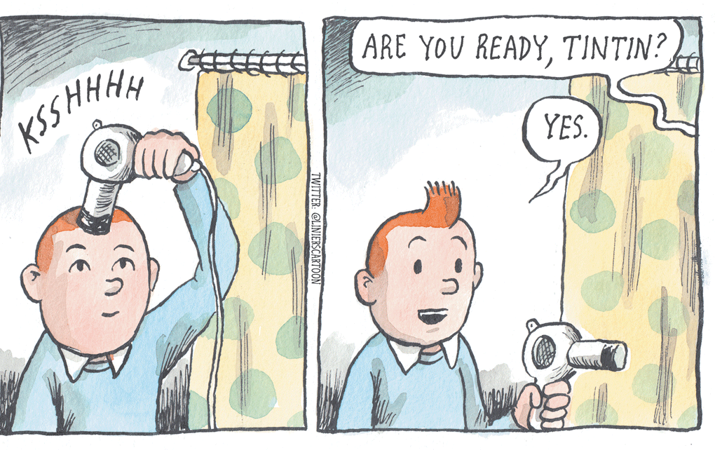 Illustration OCR: ARE YOU READYTINTIN? KSSHHHH YES. TWITTER: @LINIERSCARTOON ARE YOU READYTINTIN? KSSHHHH YES. TWITTER: @LINIERSCARTOON