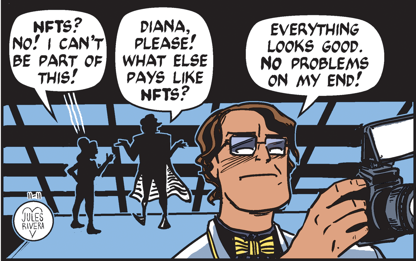 People OCR: DIANAPLEASE! BE PART OF WHAT ELSE PAYS LIKE NFTS? NFTS? No! I CAN'T EVERYTHING LOOKS GOOD. NO PROBLEMS ON MY END! THIS! JULES RIVERA DIANAPLEASE! BE PART OF WHAT ELSE PAYS LIKE NFTS? NFTS? No! I CAN'T EVERYTHING LOOKS GOOD. NO PROBLEMS ON MY END! THIS! JULES RIVERA