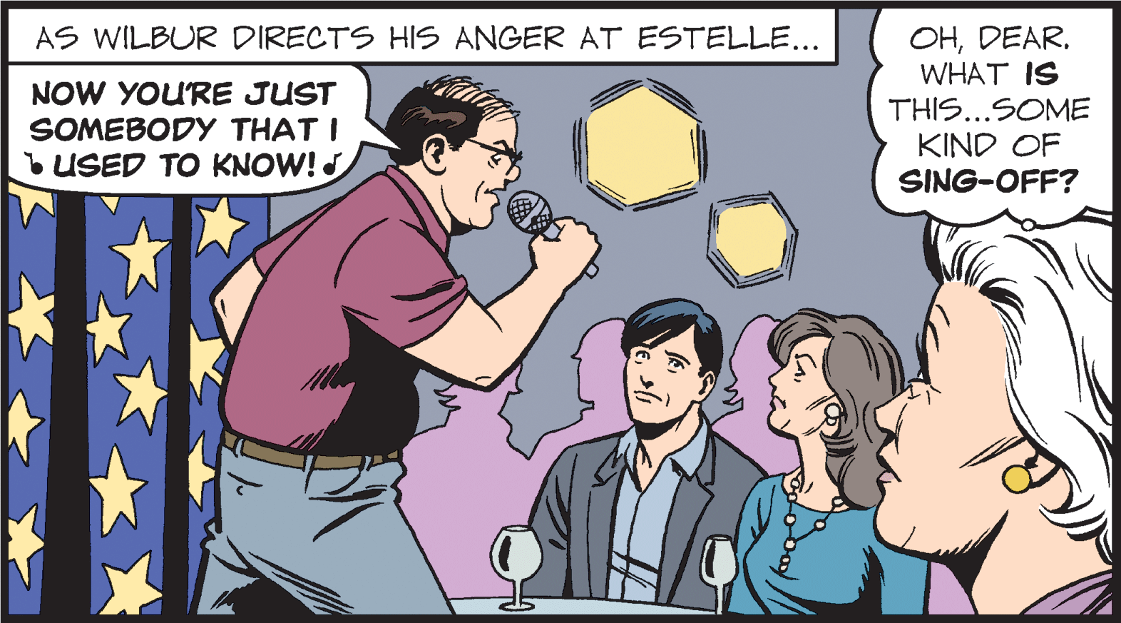 Art OCR: OHWHAT IS THIS...SOME KIND OF SING-OFF? AS WILBUR DIRECTS HIS ANGER AT ESTELLE... NOW YOURE JUST SOMEBODY THAT I USED TO KNOW! OHWHAT IS THIS...SOME KIND OF SING-OFF? AS WILBUR DIRECTS HIS ANGER AT ESTELLE... NOW YOURE JUST SOMEBODY THAT I USED TO KNOW!