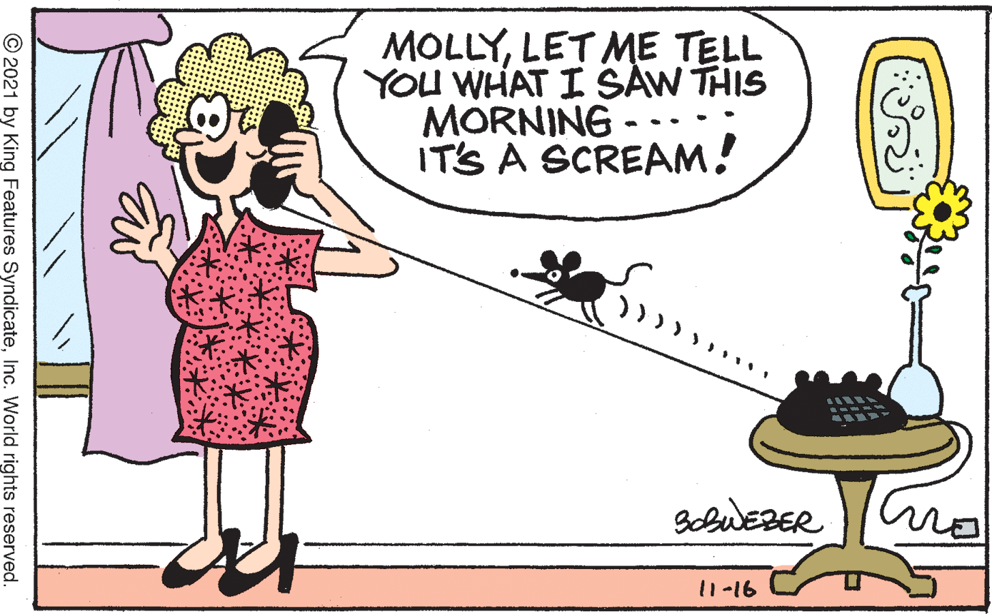 People OCR: MOLLYLET ME TELL YOU WHAT I SAW THIS MORNING - IT'S A SCREAM! 11-16 © 2021 by King Features SyndicateInc. World rights reserved. MOLLYLET ME TELL YOU WHAT I SAW THIS MORNING - IT'S A SCREAM! 11-16 © 2021 by King Features SyndicateInc. World rights reserved.