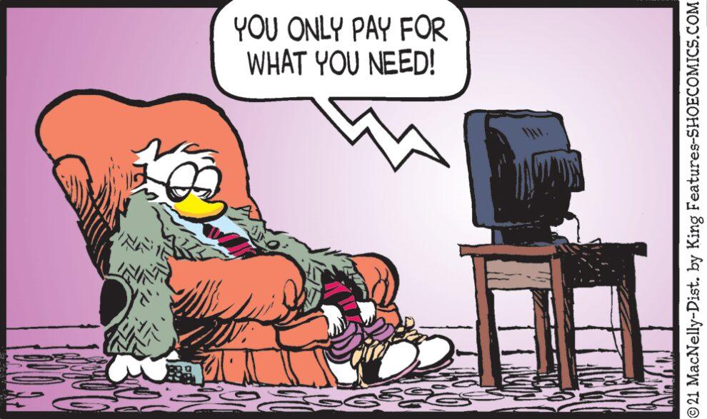 Drawing OCR: YOU ONLY PAY FOR WHAT YOU NEED! © 21 MacNelly-Dist. by King Features-SHOECOMICS.COM YOU ONLY PAY FOR WHAT YOU NEED! © 21 MacNelly-Dist. by King Features-SHOECOMICS.COM