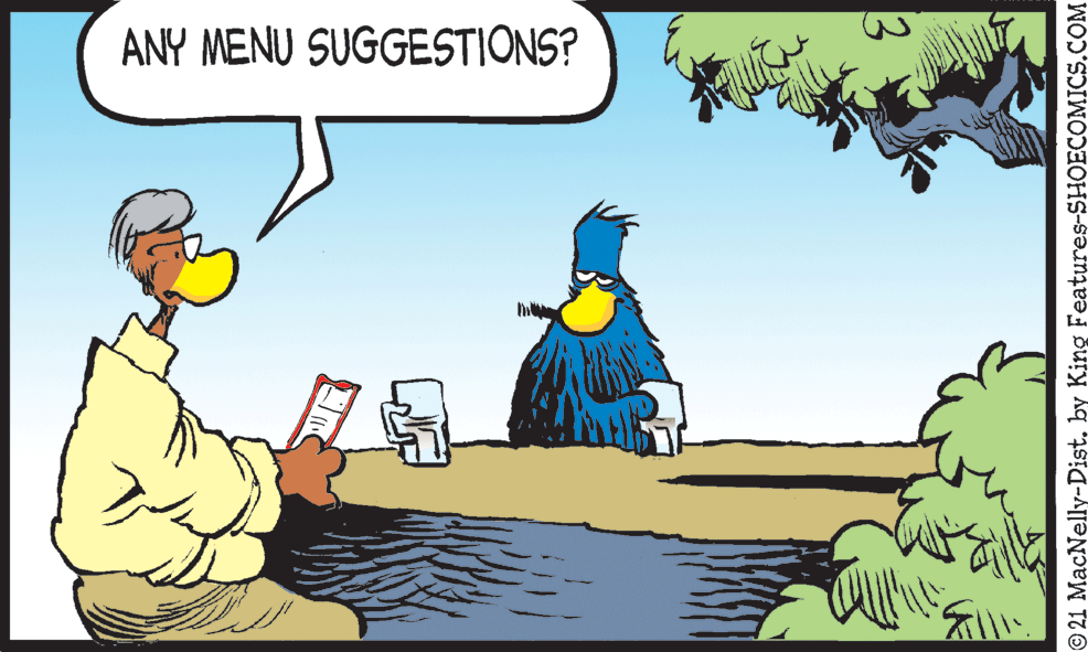 Art OCR: ANY MENU SUGGESTIONS? © 21 MacNelly-Distby King Features-SHOECOMICS.COM ANY MENU SUGGESTIONS? © 21 MacNelly-Distby King Features-SHOECOMICS.COM