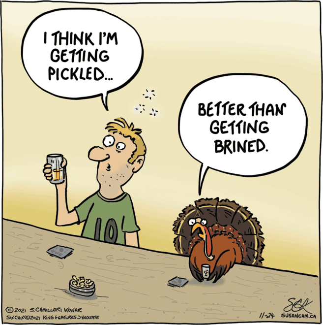 Comics OCR: I THINK I'M GETTING PICKLED. BETTER THAN GETTING BRINED. SEK © 2ozi S.CAMmicLERI KONAR SK CHIKO202I KING FGATURES SYNOICATE 1/-24 SUSANGAM.CA I THINK I'M GETTING PICKLED. BETTER THAN GETTING BRINED. SEK © 2ozi S.CAMmicLERI KONAR SK CHIKO202I KING FGATURES SYNOICATE 1/-24 SUSANGAM.CA