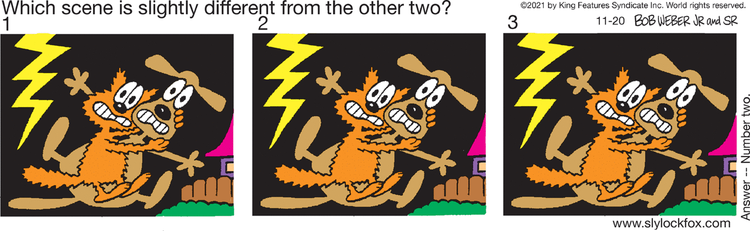 Happy OCR: ©2021 by King Features Syndicate Inc. World rights reserved. Which scene is slightly different from the other two? 1 3 11-20 BOB WEBER JR and SR 00 www.slylockfox.com ©2021 by King Features Syndicate Inc. World rights reserved. Which scene is slightly different from the other two? 1 3 11-20 BOB WEBER JR and SR 00 www.slylockfox.com