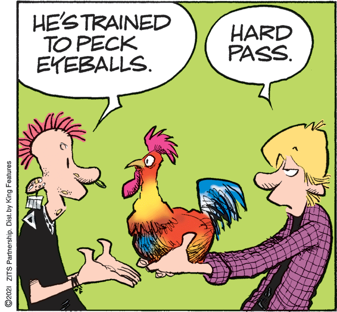 Happy OCR: HE'STRAINED TO PECK EYEBALLS. HARD PASS. ©2021 ZITS Partnership. Dist. by King Features HE'STRAINED TO PECK EYEBALLS. HARD PASS. ©2021 ZITS Partnership. Dist. by King Features