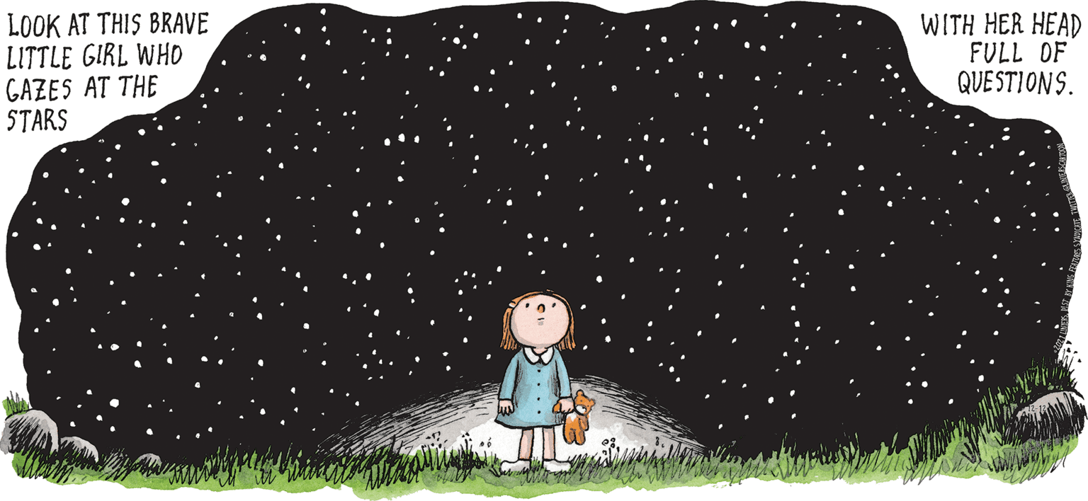 Illustration OCR: MACANUDO LOOK AT THIS BRAVE LITTLE GIRL WHO GAZES AT THE STARS WITH HER HEAD FULL OF QUE STIONS. LINIERS MACANUDO LOOK AT THIS BRAVE LITTLE GIRL WHO GAZES AT THE STARS WITH HER HEAD FULL OF QUE STIONS. LINIERS
