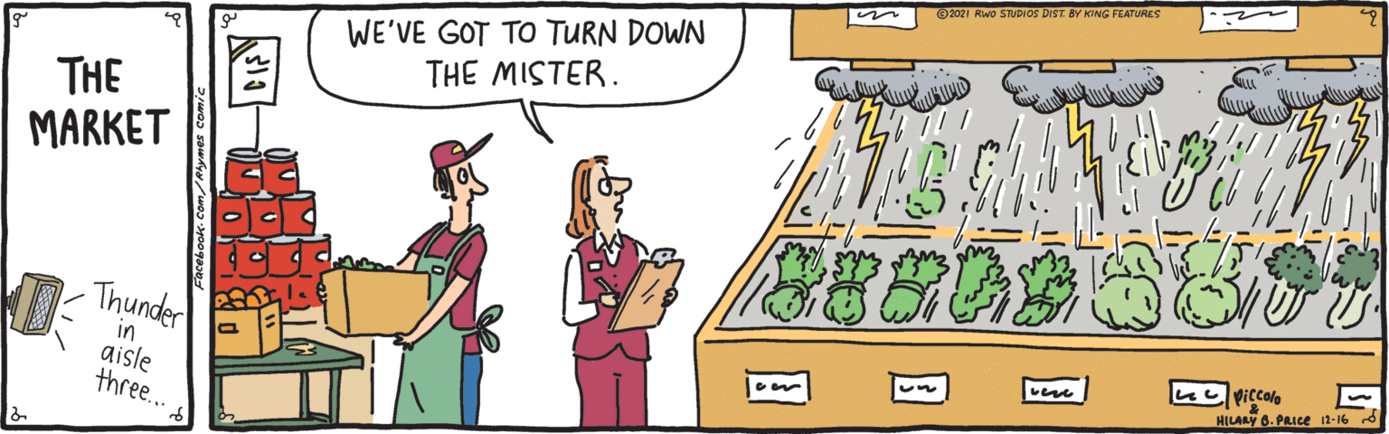 Conversation OCR: 2021 Rwo STUDIOS DIST. BY KING FEATURES WE'VE GOT TO TURN DOWN THE MISTER. THE MARKET -Thunder u piccolo HILARY 6. PRICE 12-16 in aisle three. 2021 Rwo STUDIOS DIST. BY KING FEATURES WE'VE GOT TO TURN DOWN THE MISTER. THE MARKET -Thunder u piccolo HILARY 6. PRICE 12-16 in aisle three.
