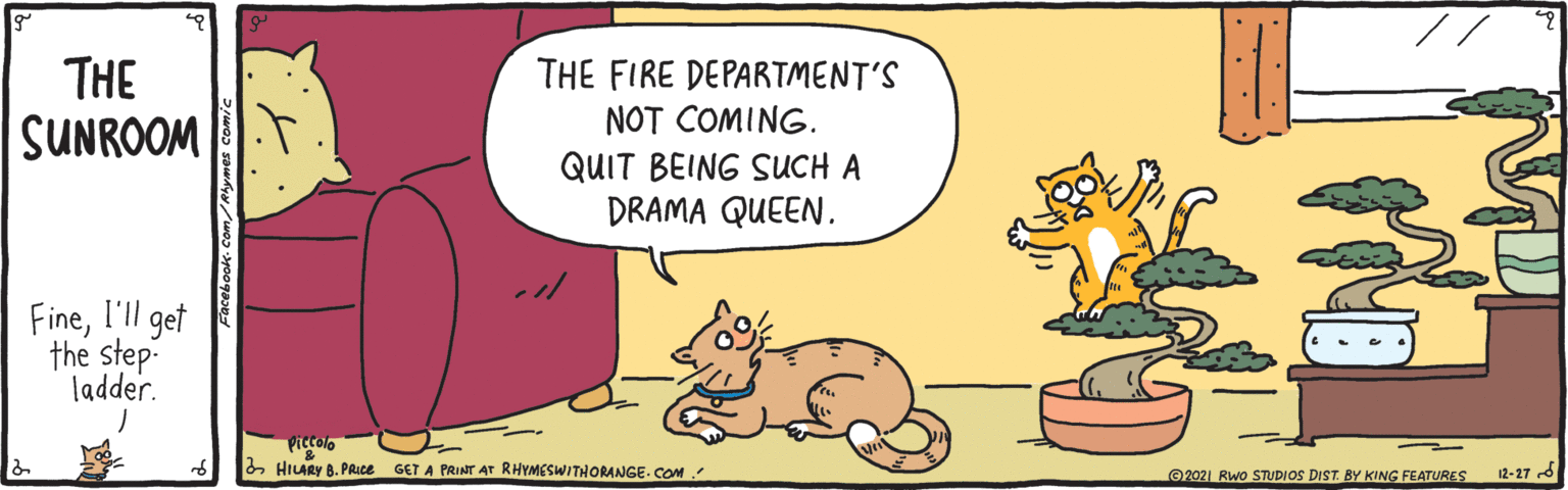 Happy OCR: THE SUNROOM THE FIRE DEPARTMENT'S NOT COMING. QUIT BEING SUCH A DRAMA QUEEN. FineI'll get the step- ladder. Piccolo & HILARY B. PRICE GET A PRINT AT RHYMESWITHORANGE. COM 2021 RWo STUDIOS DIST. BY KING FEATURES 12-27 THE SUNROOM THE FIRE DEPARTMENT'S NOT COMING. QUIT BEING SUCH A DRAMA QUEEN. FineI'll get the step- ladder. Piccolo & HILARY B. PRICE GET A PRINT AT RHYMESWITHORANGE. COM 2021 RWo STUDIOS DIST. BY KING FEATURES 12-27