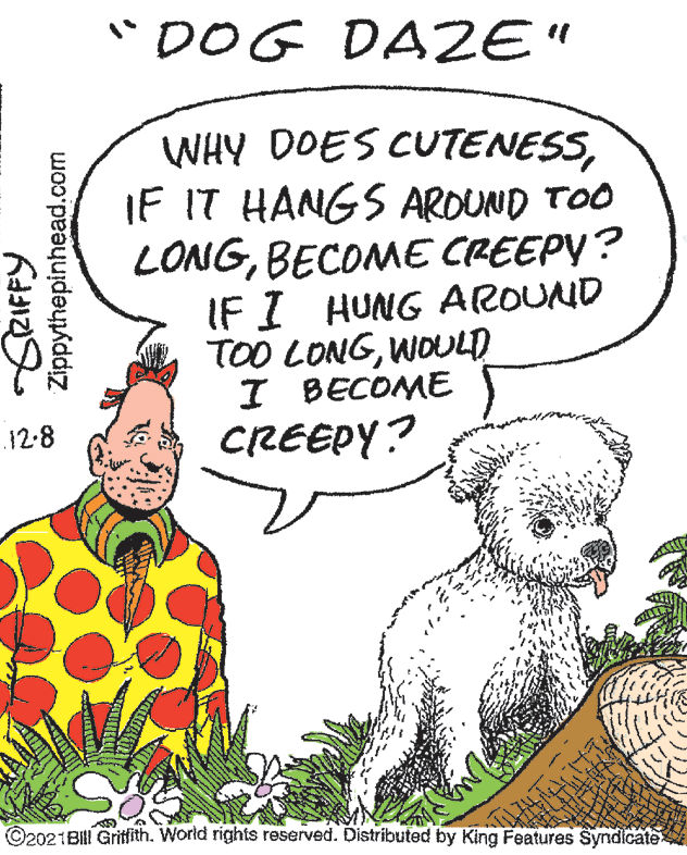 Mammal OCR: "DOG DAZE" WHY DOES CUTENESSIF IT HANGS ARDUND TOO LONGBECOME CREEPY? IF I HUNG AROUND TOO LONGWOULD I BECOME CREEPY? .12-8 ©2021BII Gritfith. World rights reserved. Distributed by King Features Syndicate GRIFPY Zippythepinhead.com "DOG DAZE" WHY DOES CUTENESSIF IT HANGS ARDUND TOO LONGBECOME CREEPY? IF I HUNG AROUND TOO LONGWOULD I BECOME CREEPY? .12-8 ©2021BII Gritfith. World rights reserved. Distributed by King Features Syndicate GRIFPY Zippythepinhead.com