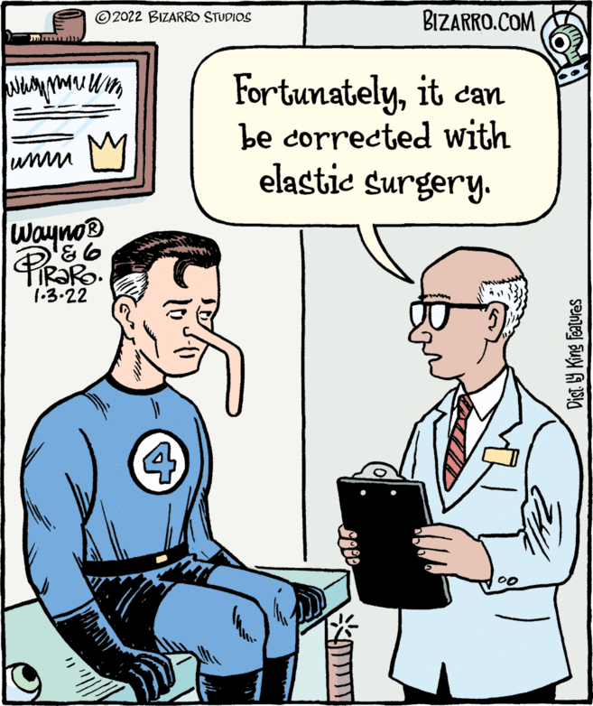 Gesture OCR: © 2022 BIZARRO STUDIOS BIZARRO.COM Fortunatelyit can be corrected with elastic surgery. Wayno® 1-3.22 00 Dist. Y King Features © 2022 BIZARRO STUDIOS BIZARRO.COM Fortunatelyit can be corrected with elastic surgery. Wayno® 1-3.22 00 Dist. Y King Features
