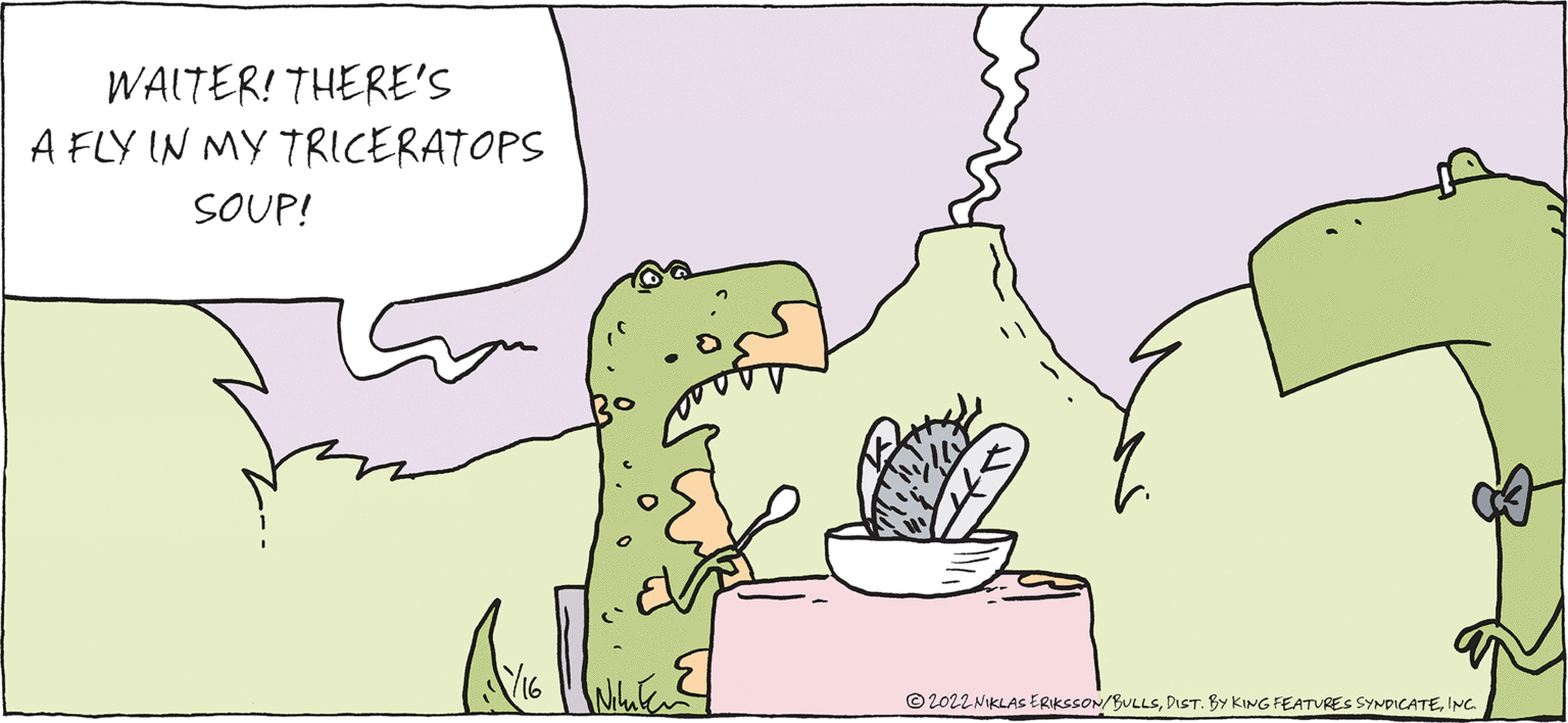 Mammal OCR: WAITER! THERE'S A FLY IN MY TRICERATOPS SOUP! © 2022 NIKLASs ERIKSSON/BULLSINC. WAITER! THERE'S A FLY IN MY TRICERATOPS SOUP! © 2022 NIKLASs ERIKSSON/BULLSDIST. BY KING FEATURES SYNDICATE