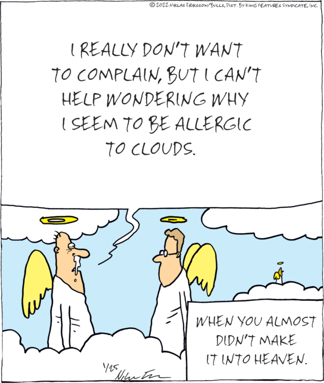 People OCR: © 2022 NIKLAS ERIKSSON/BULLSINC. I REALLY DON'T WANT TO COMPLAINBUT I CAN'T HELP WONDERING WHY ISEEM TO BE ALLERGIC TO CLOUDS. WHEN YOU ALMOST DIDN'T MAKE IT INTO HEAVEN. Yes © 2022 NIKLAS ERIKSSON/BULLSDIST. BY KING FEATURES SYNDICATEINC. I REALLY DON'T WANT TO COMPLAINBUT I CAN'T HELP WONDERING WHY ISEEM TO BE ALLERGIC TO CLOUDS. WHEN YOU ALMOST DIDN'T MAKE IT INTO HEAVEN. Yes