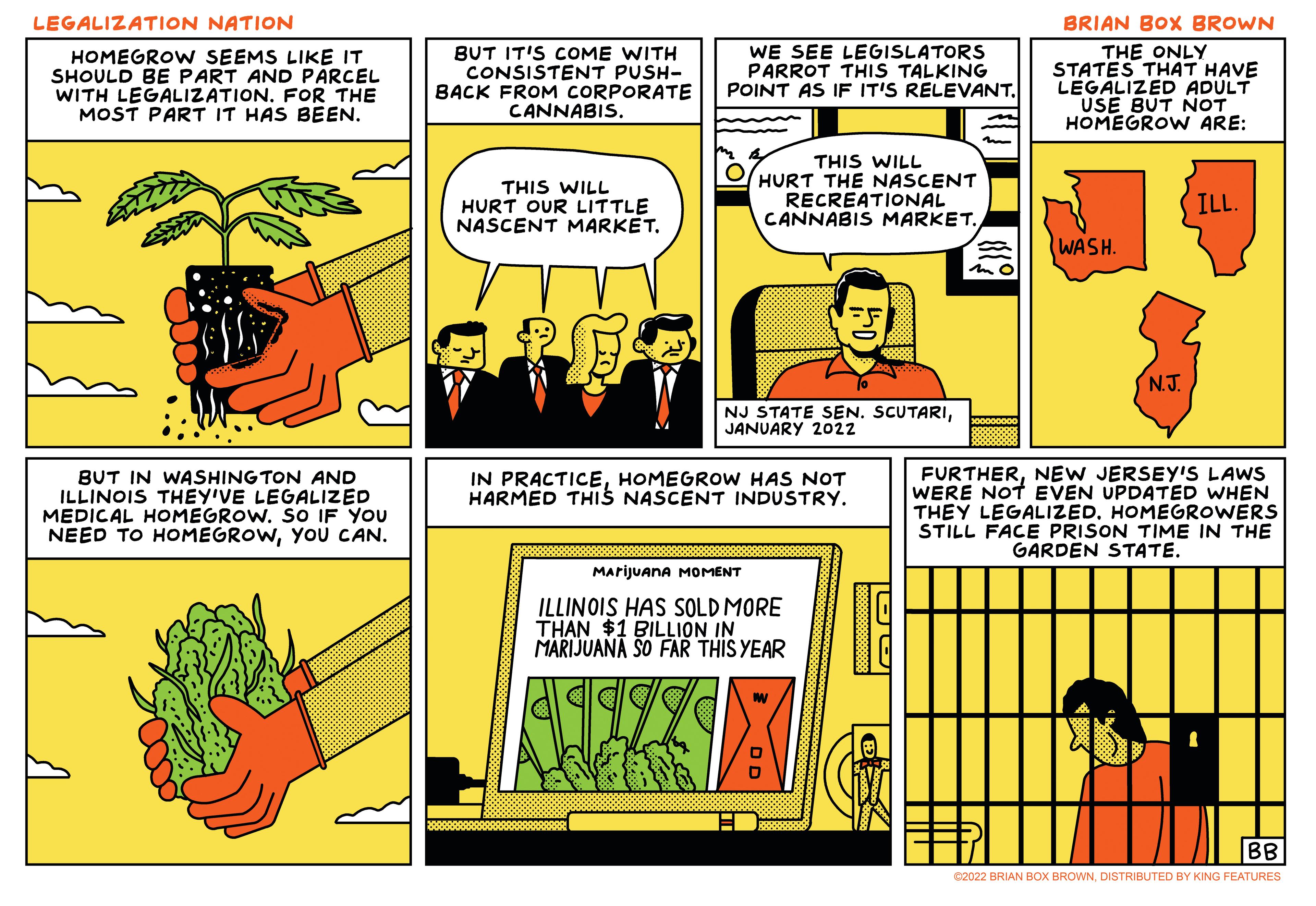 Illustration OCR: LEGALIZATION NATION BRIAN BOX BROWN HOMEGROW SEEMS LIKE IT SHOULD BE PART AND PARCEL WITH LEGALIZATION. FOR THE MOST PART IT HAS BEEN. BUT IT'S COME WITH CONSISTENT PUSH- BACK FROM CORPORATE CANNABIS. WE SEE LEGISLATORS PARROT THIS TALKING POINT AS IF IT'S RELEVANT. THE ONLY STATES THAT HAVE LEGALIZED ADULT USE BUT NOT HOMEGROW ARE: THIS WILL HURT OUR LITTLE NASCENT MARKET. THIS WILL HURT THE NASCENT RECREATIONAL CANNABIS MARKETILL. WASH. N.J. NJ STATE SEN. SCUTARIJANUARY 2022 FURTHERNEW JERSEY'S LAWS WERE NOT EVEN UPDATED WHEN THEY LEGALIZED. HOMEGROWERS STILL FACE PRISON TIME IN THE GARDEN STATE. IN PRACTICEHOMEGROW HAS NOT HARMED THIŠ NASCENT INDUSTRY. BUT IN WASHING TON AND ILLINOIS THEY'VE LEGALIZED MEDICAL HOMEGROW. SO IF YOU NEED TO HOMEGROWYOU CAN. MArijUanA MOoMENT ILLINOIS HAS SOLD MORE THAN $1 BILLION IN MARIJUANA SO FAR THIS YEAR BB C2022 BRIAN BOX BROWNDISTRIBUTED BY KING FEATURES LEGALIZATION NATION BRIAN BOX BROWN HOMEGROW SEEMS LIKE IT SHOULD BE PART AND PARCEL WITH LEGALIZATION. FOR THE MOST PART IT HAS BEEN. BUT IT'S COME WITH CONSISTENT PUSH- BACK FROM CORPORATE CANNABIS. WE SEE LEGISLATORS PARROT THIS TALKING POINT AS IF IT'S RELEVANT. THE ONLY STATES THAT HAVE LEGALIZED ADULT USE BUT NOT HOMEGROW ARE: THIS WILL HURT OUR LITTLE NASCENT MARKET. THIS WILL HURT THE NASCENT RECREATIONAL CANNABIS MARKETILL. WASH. N.J. NJ STATE SEN. SCUTARIJANUARY 2022 FURTHERNEW JERSEY'S LAWS WERE NOT EVEN UPDATED WHEN THEY LEGALIZED. HOMEGROWERS STILL FACE PRISON TIME IN THE GARDEN STATE. IN PRACTICEHOMEGROW HAS NOT HARMED THIŠ NASCENT INDUSTRY. BUT IN WASHING TON AND ILLINOIS THEY'VE LEGALIZED MEDICAL HOMEGROW. SO IF YOU NEED TO HOMEGROWYOU CAN. MArijUanA MOoMENT ILLINOIS HAS SOLD MORE THAN $1 BILLION IN MARIJUANA SO FAR THIS YEAR BB C2022 BRIAN BOX BROWNDISTRIBUTED BY KING FEATURES